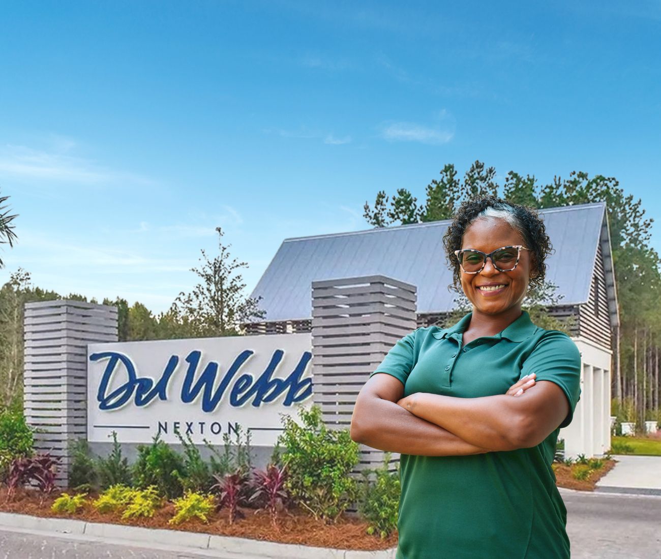 Home Instead caregiver with Del Webb Charleston at Nexton, Summerville, South Carolina in the background
