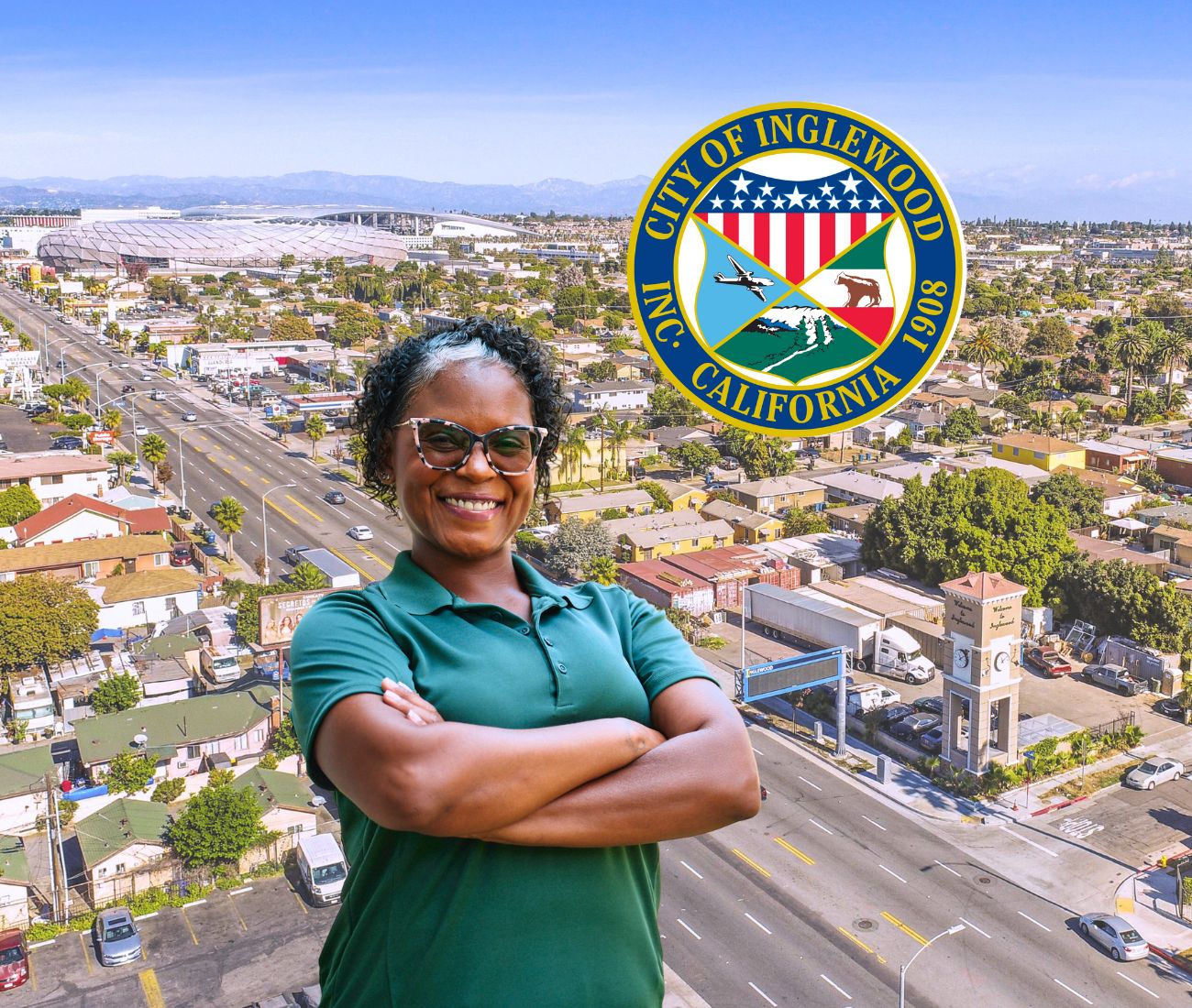 Home Instead caregiver with Inglewood California in the background