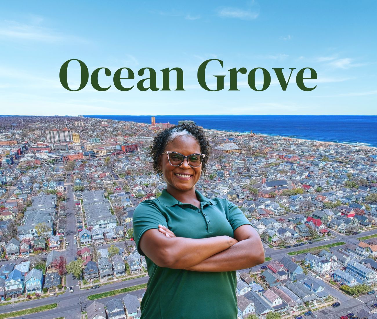 Home Instead caregiver with Ocean Grove, New Jersey in the background
