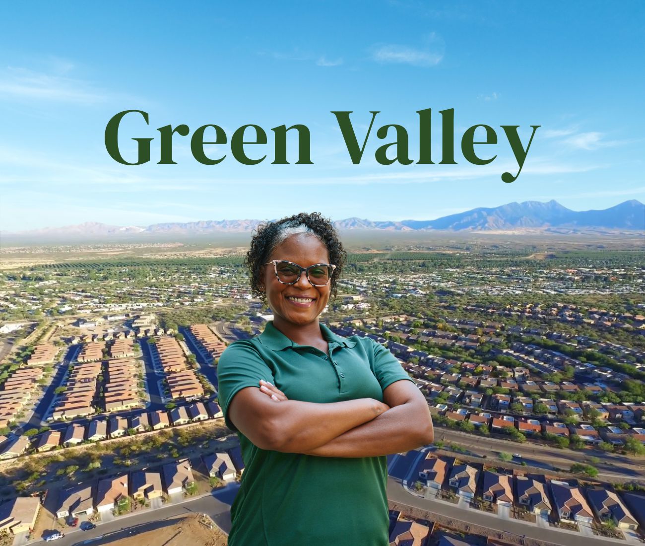Home Instead caregiver with Green Valley, AZ in the background
