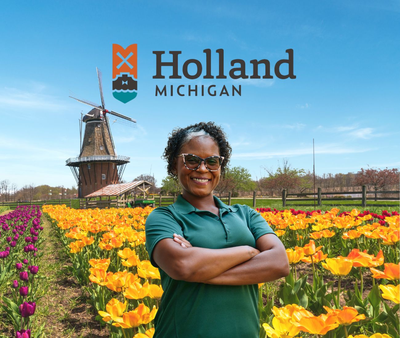 Home Instead caregiver with Holland, MI in the background