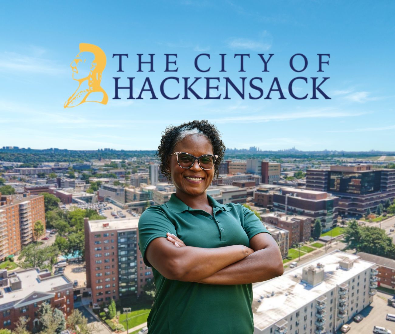 Home Instead caregiver with Hackensack, NJ in the background