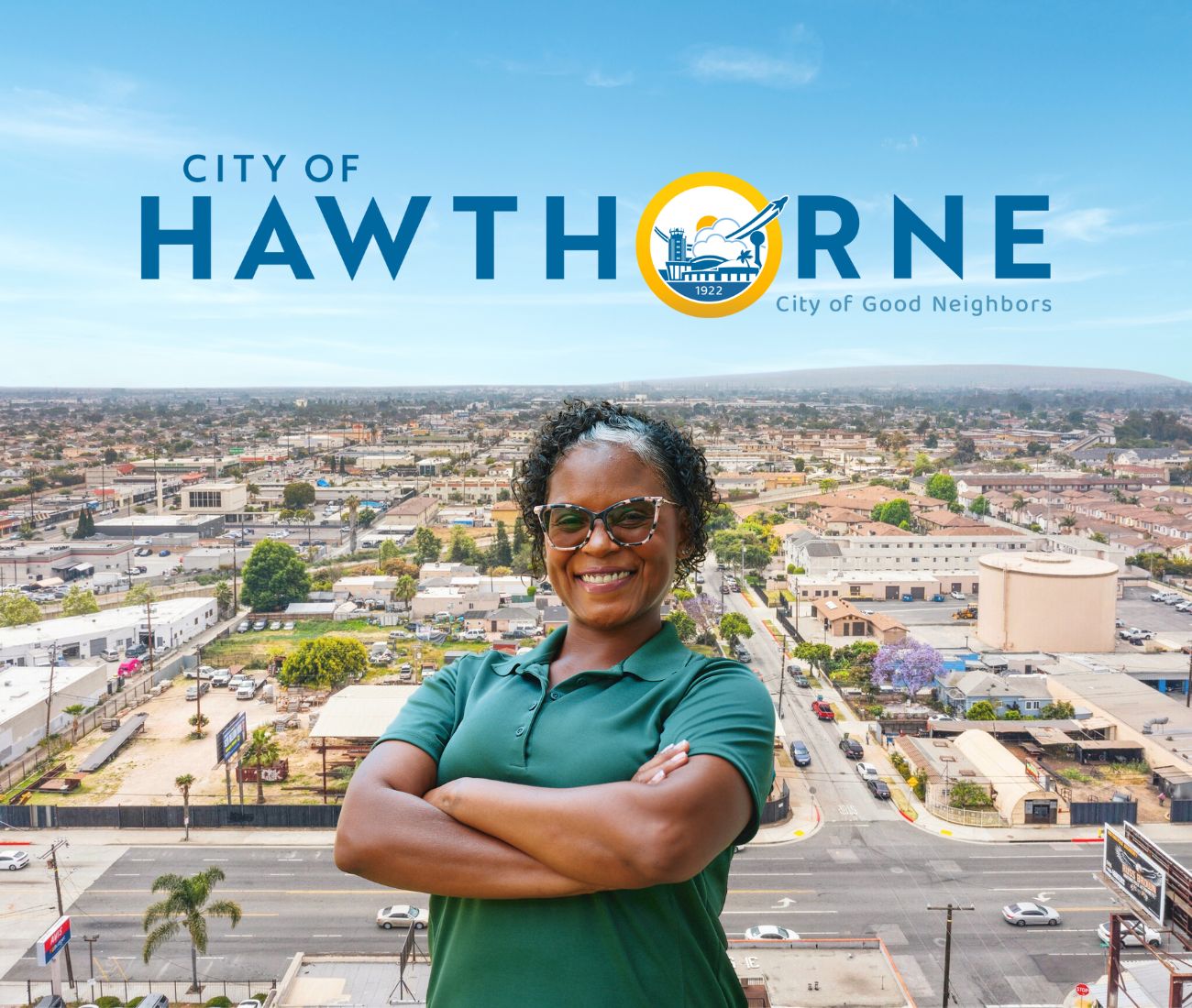 Home Instead caregiver with Hawthorne California in the background