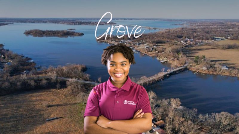 Home Instead caregiver with Grove Oklahoma in the background
