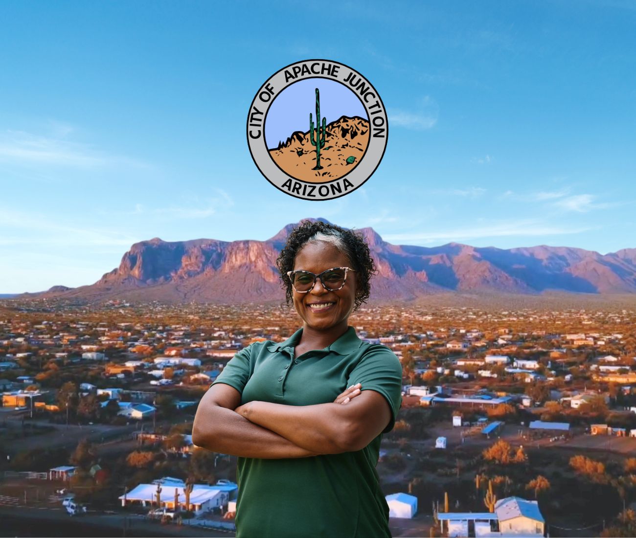 Home Instead caregiver with Apache Junction Arizona in the background