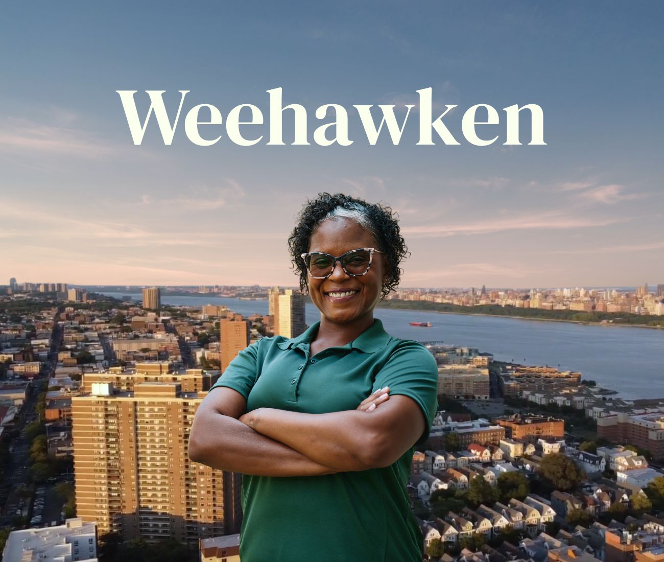 Home Instead caregiver with Weehawken, New Jersey in the background