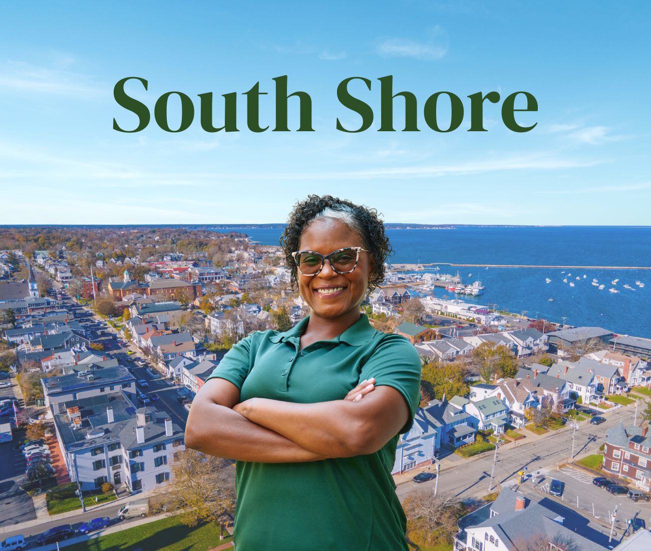 Home Instead caregiver with South Shore, MA in the background