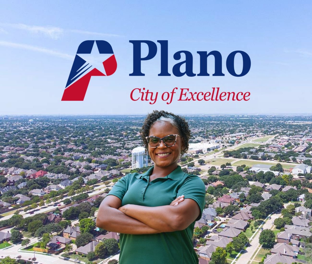 Home Instead caregiver with Plano Texas in the background