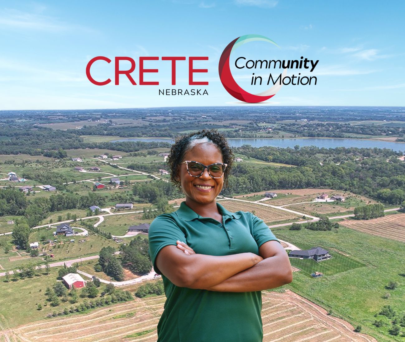 Home Instead caregiver with Crete, NE in the background