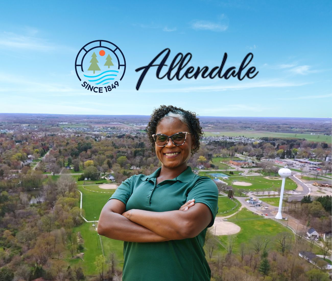 Home Instead caregiver with Allendale, MI in the background