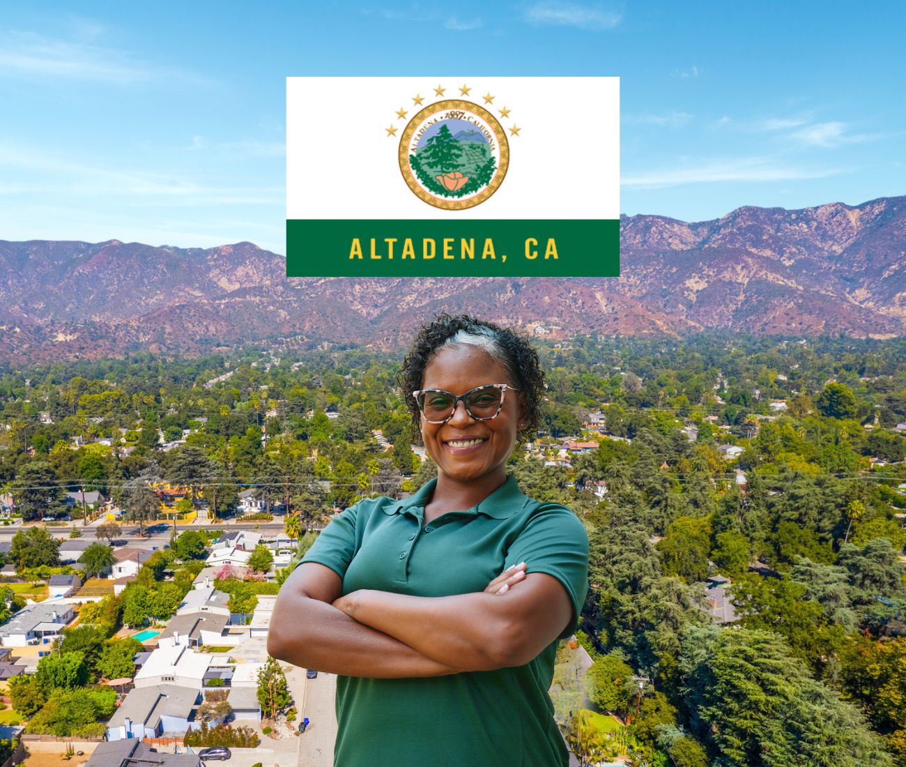 Home Instead caregiver with Altadena, CA in the background