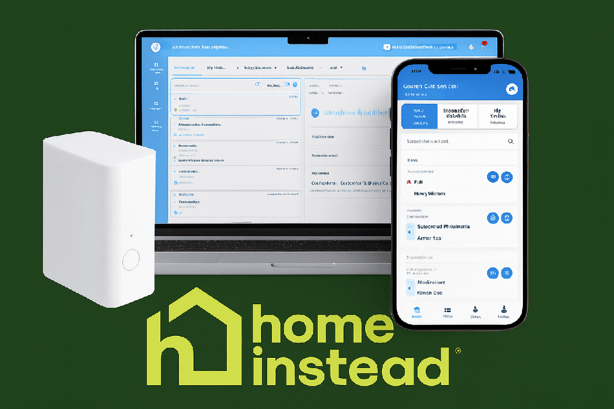 Sensi Virtual Care device and Home Instead dashboard showing 24 7 senior monitoring technology
