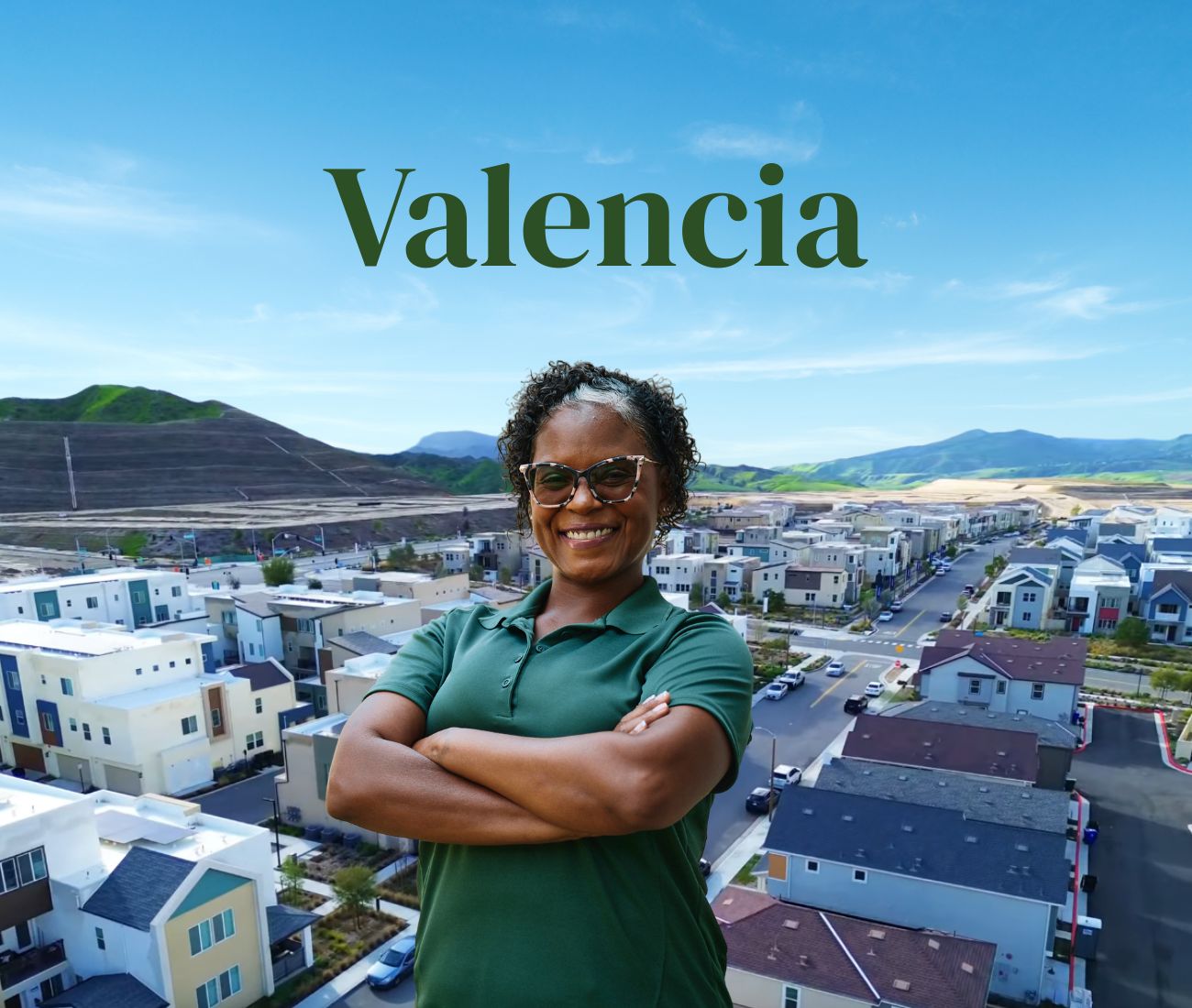 Home Instead caregiver with Valencia, California in the background