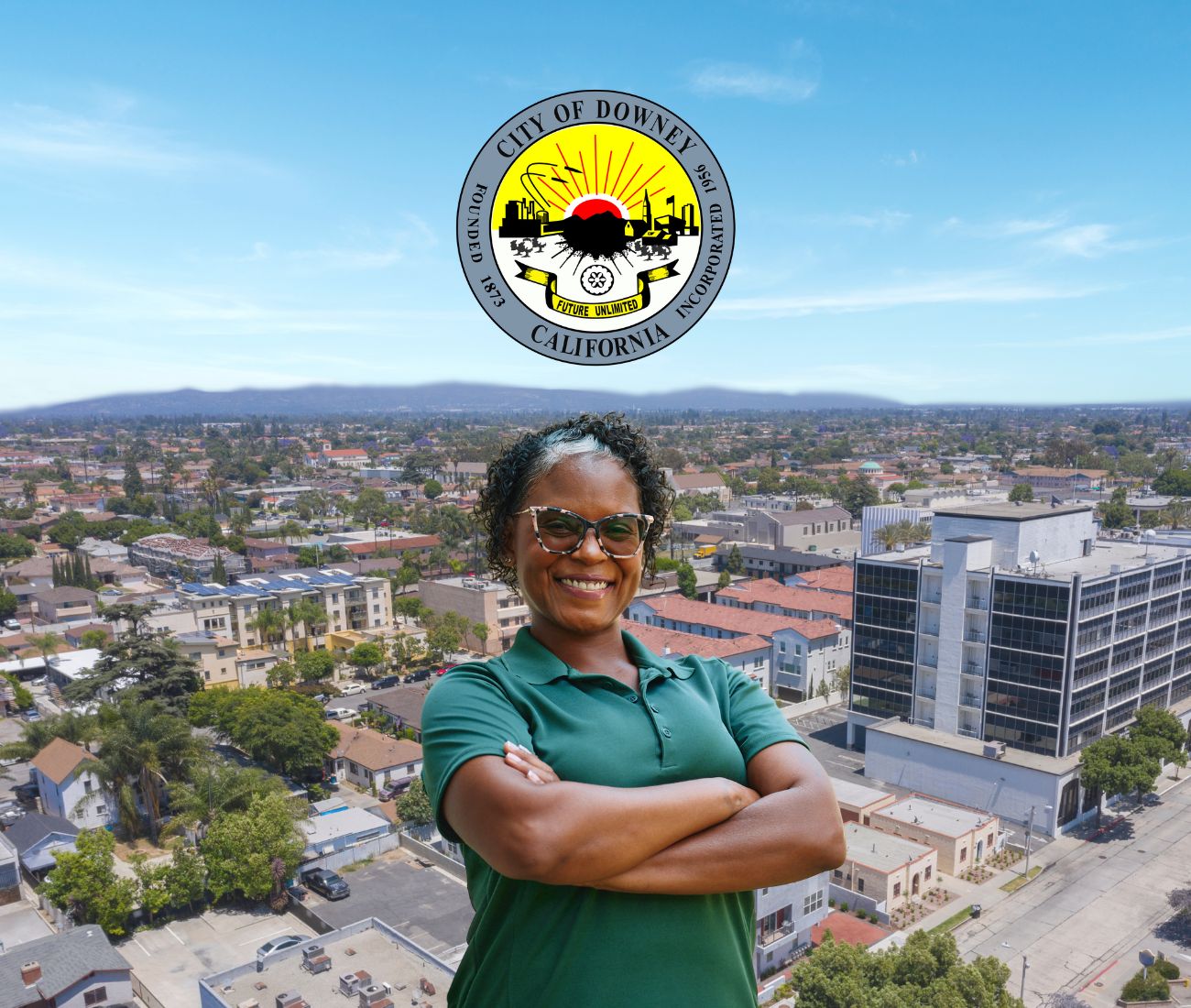 Home Instead caregiver with Downey, CA in the background