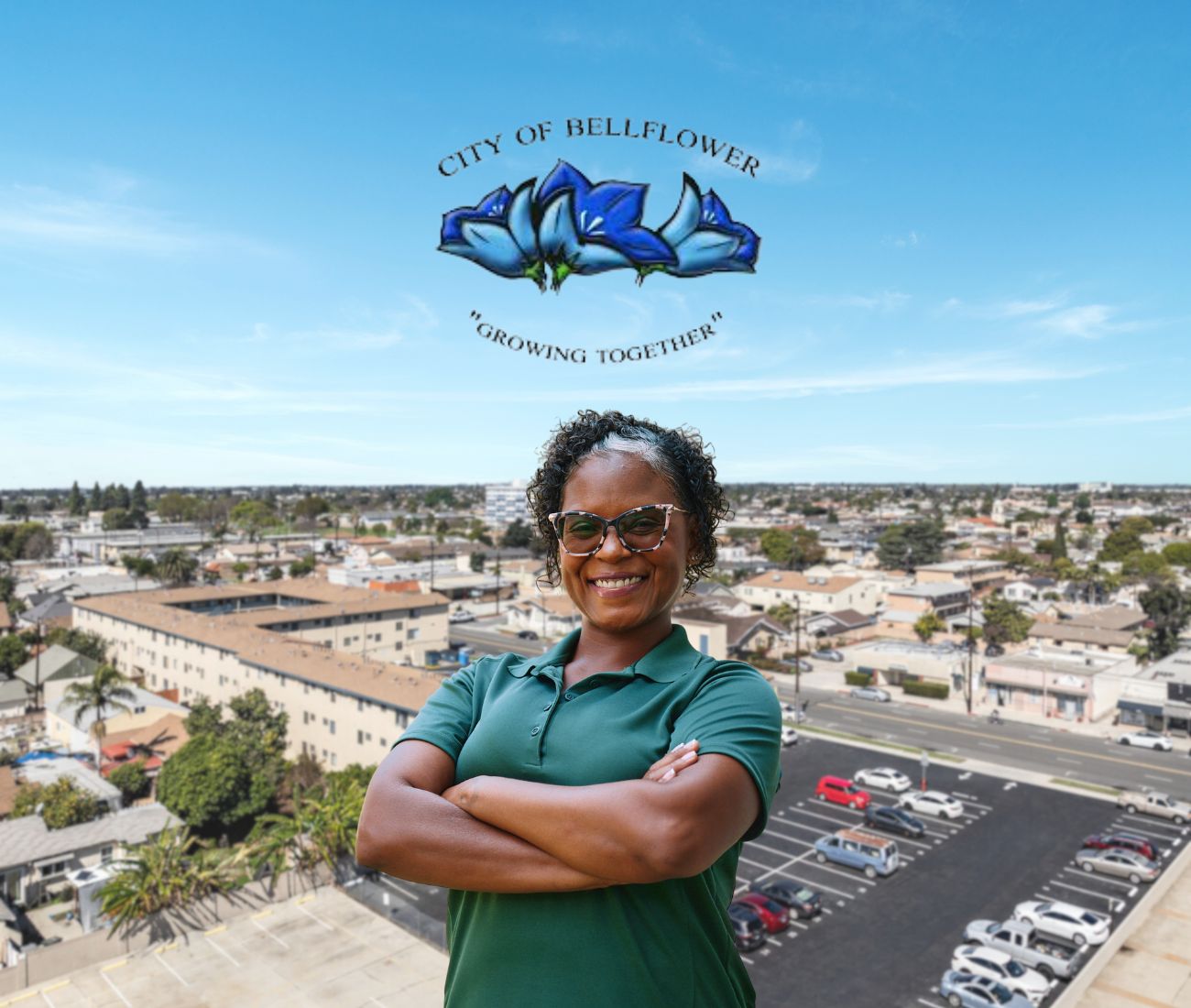 Home Instead caregiver with Bellflower, California in the background