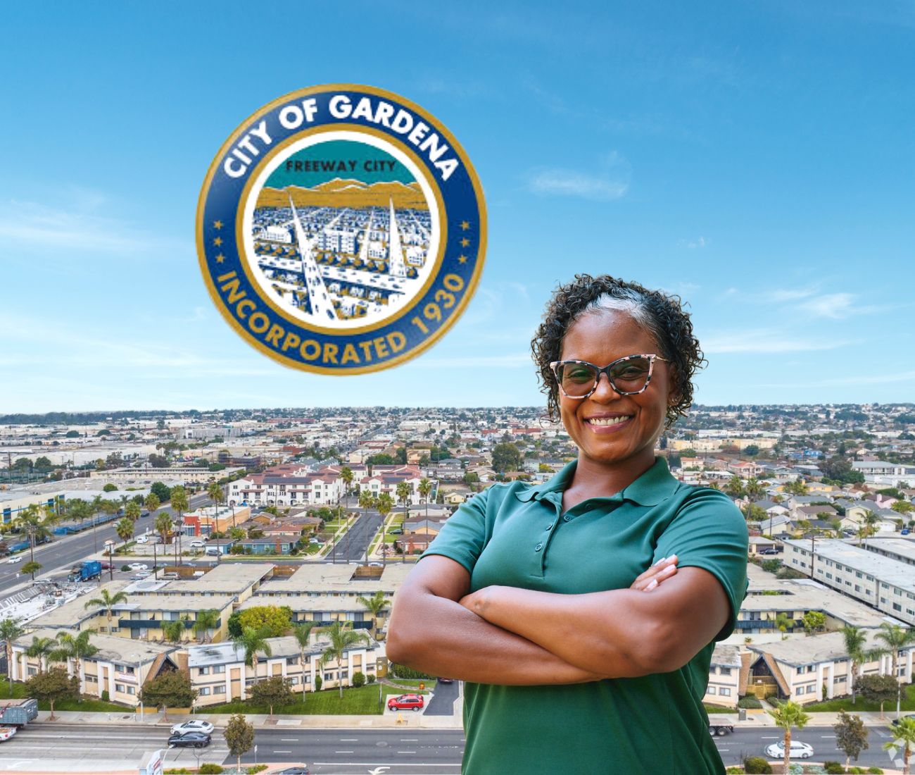 Home Instead caregiver with Gardena California in the background