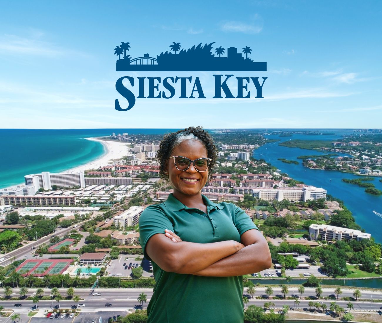 Home Instead caregiver with Siesta Key, FL in the background