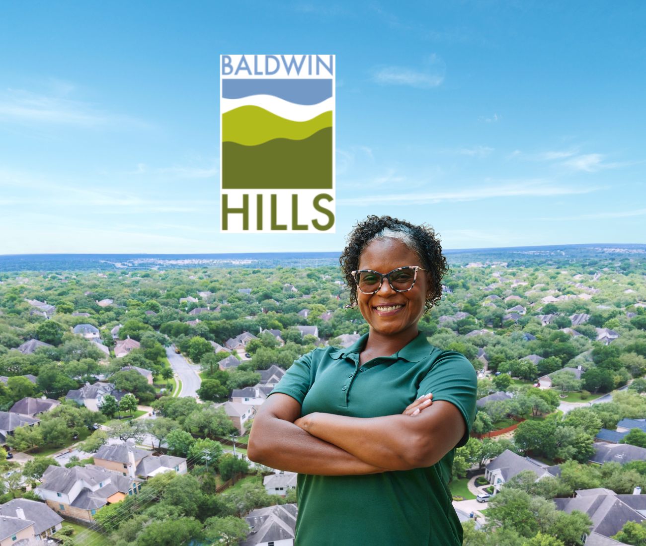 Home Instead caregiver with Baldwin Hills California in the background