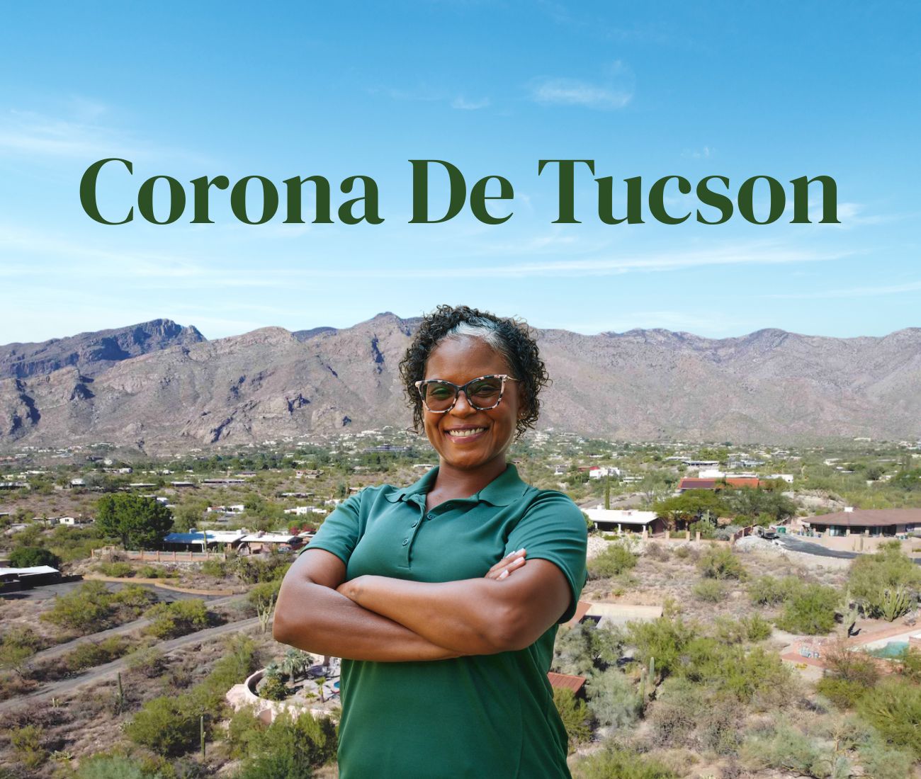 Home Instead caregiver with Corona De Tucson, Arizona in the background