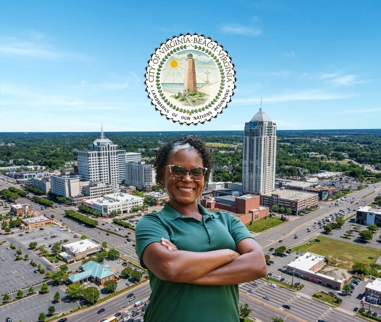 Home Instead caregiver with Virginia Beach, VA in the background