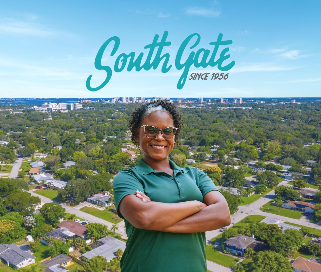 Home Instead caregiver with South Gate, FL in the background