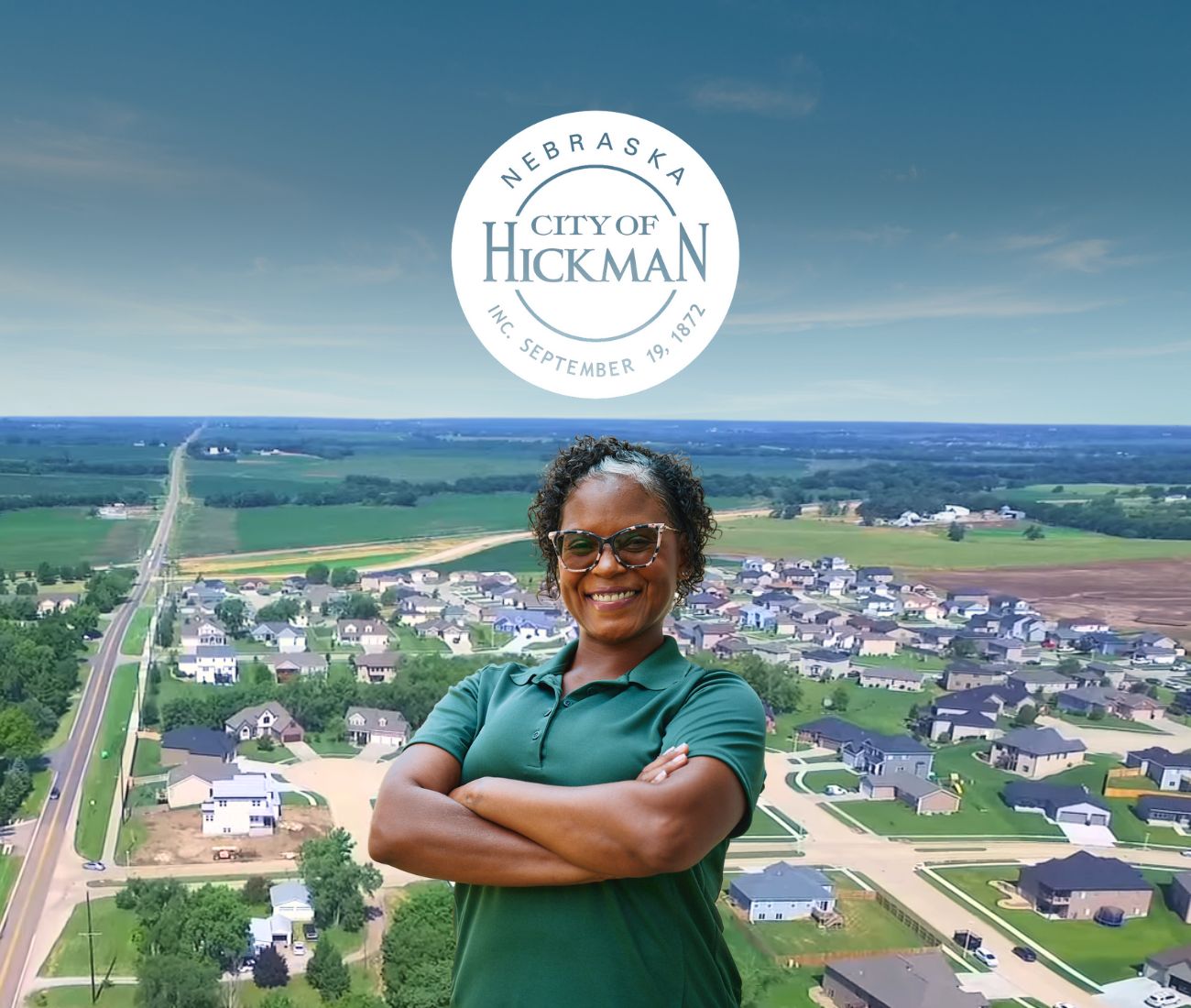 Home Instead caregiver with Hickman, NE in the background