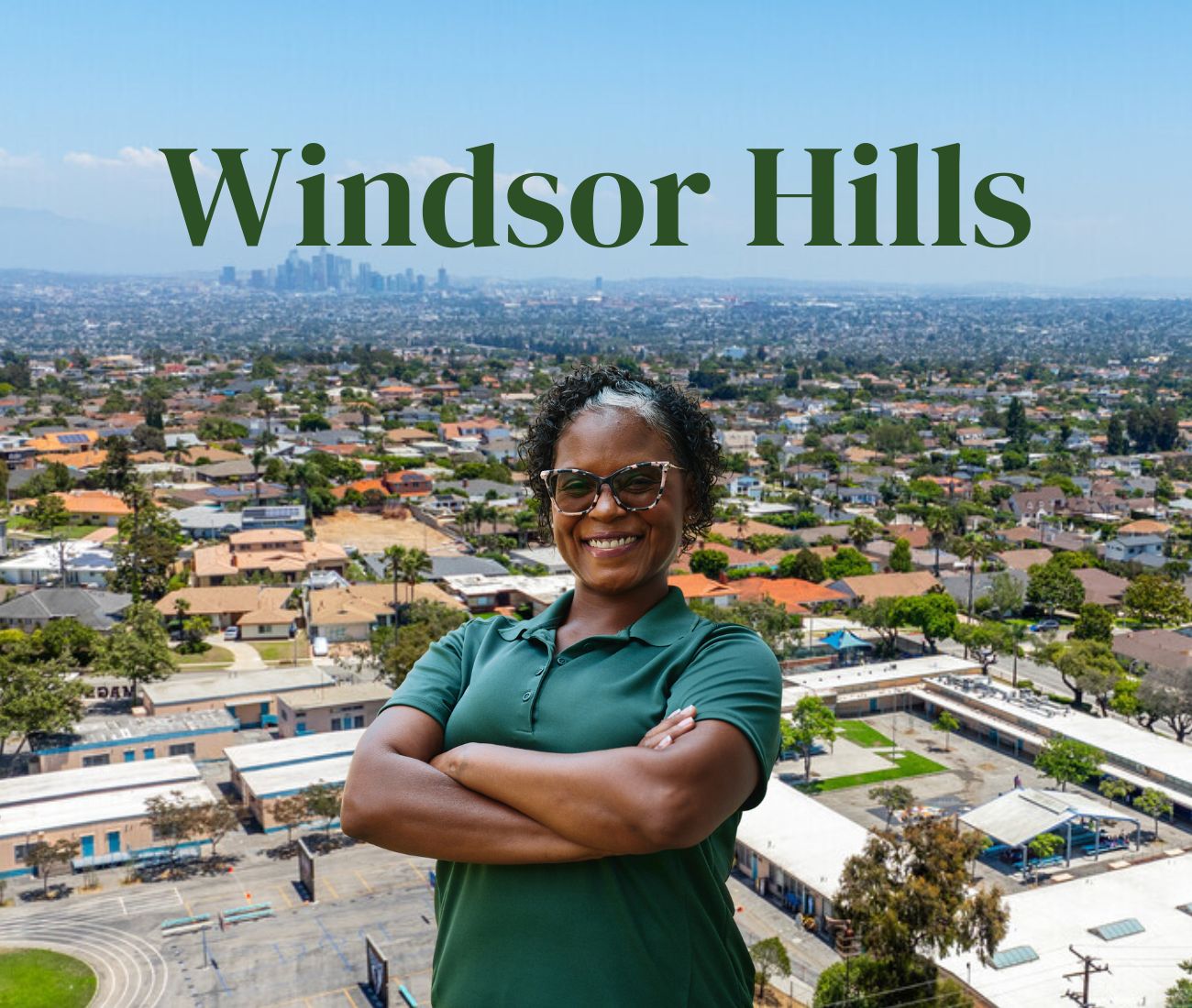 Home Instead caregiver with Windsor Hills California in the background