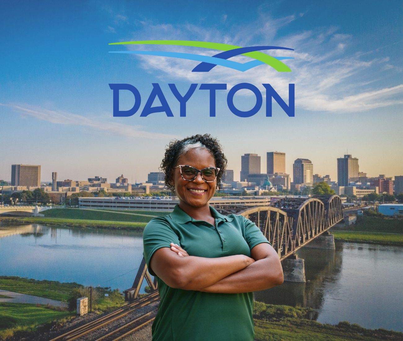 Home Instead caregiver with Dayton, OH in the background