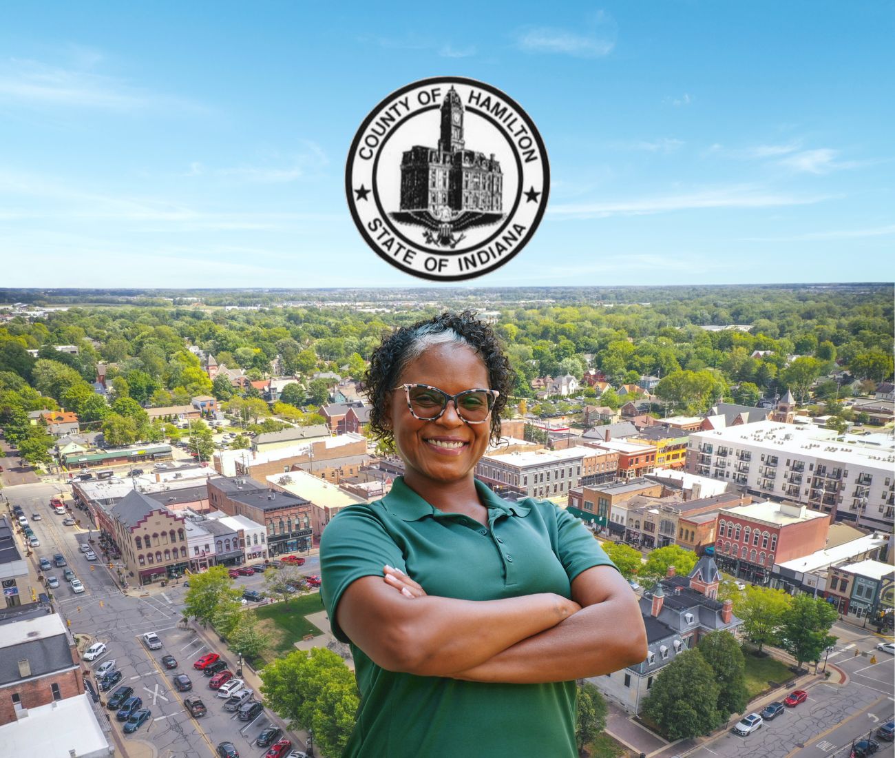 Home Instead caregiver with Hamilton County, Indiana in the background