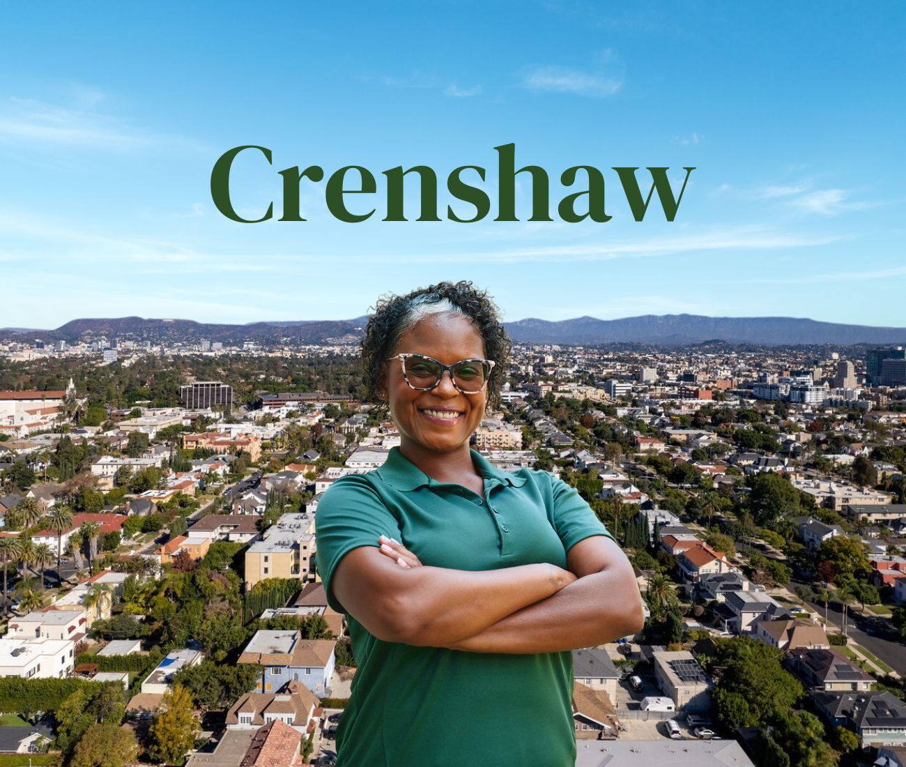 Home Instead caregiver with Crenshaw California in the background