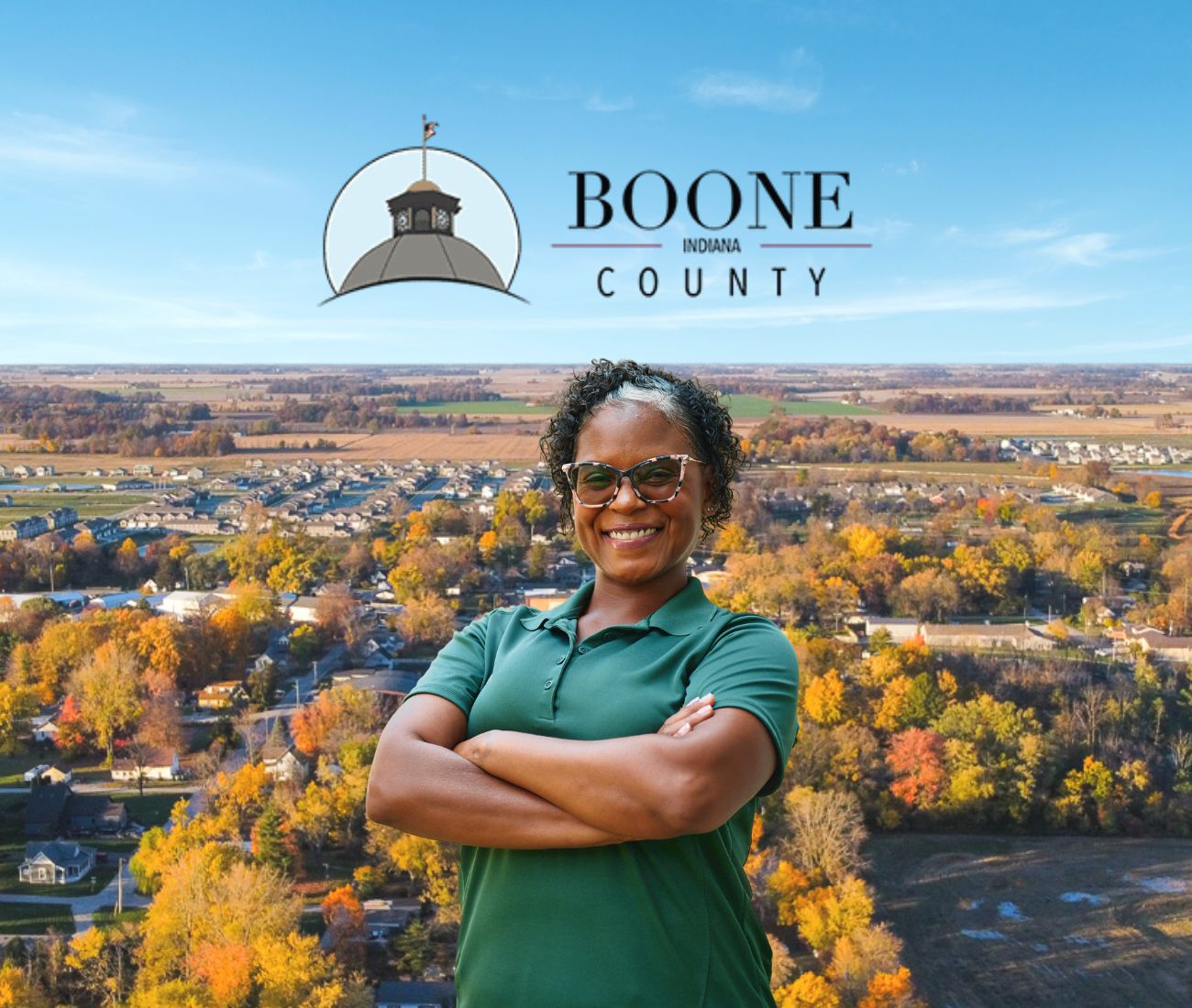 Home Instead caregiver with Boone County, Indiana in the background