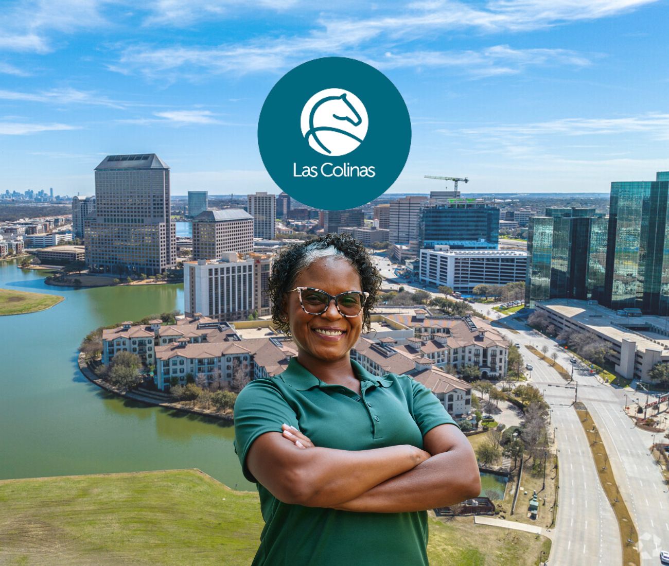 Home Instead caregiver with Las Colinas, Irving, Texas in the background