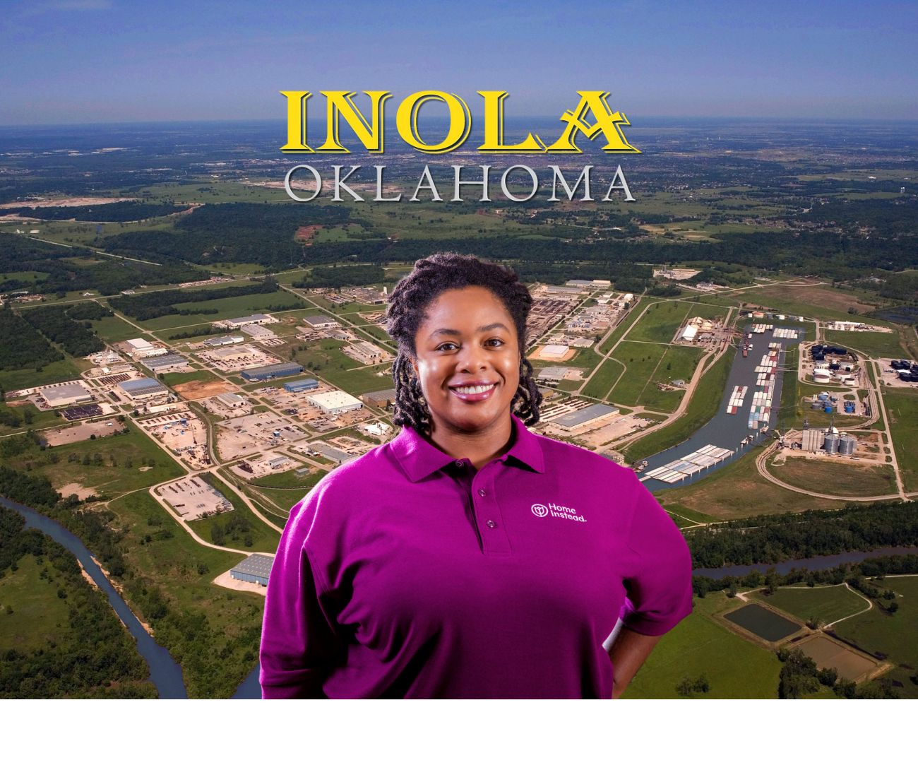 Home Instead caregiver with Inola, OK in the background