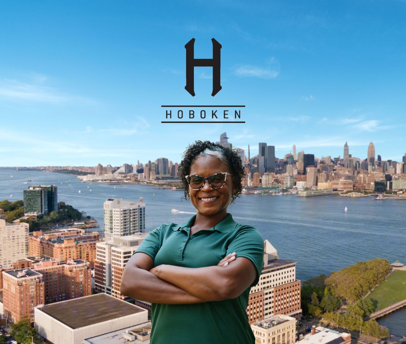 Home Instead caregiver with Hoboken, New Jersey in the background
