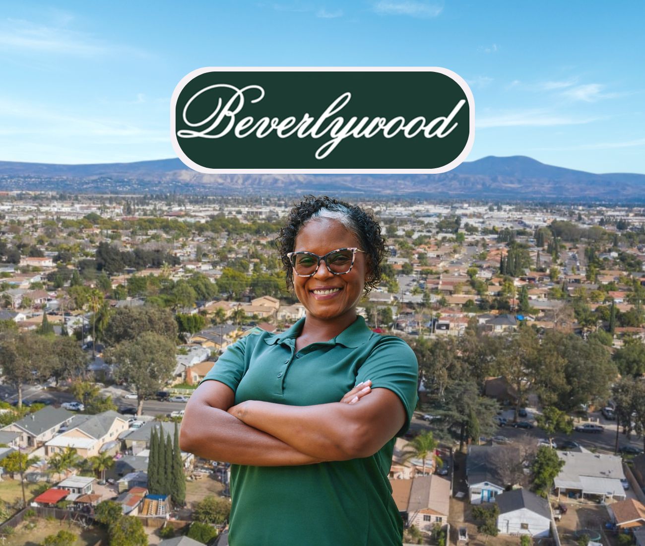 Home Instead caregiver with Beverlywood California in the background